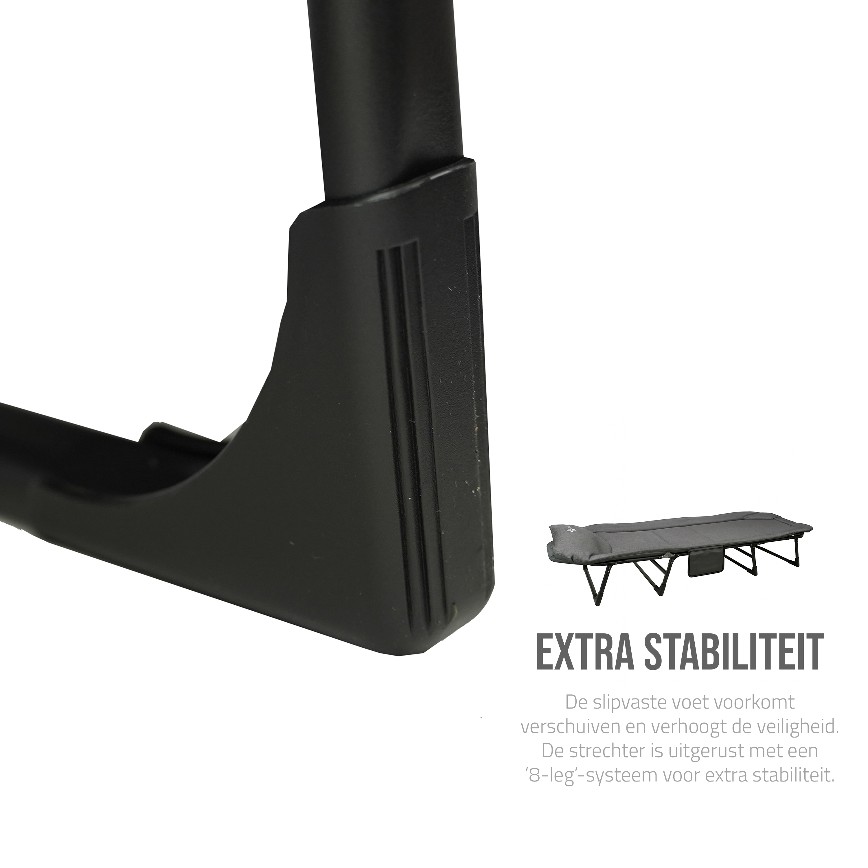 Eurocatch Opvouwbare Camping Stretcher – Verstelbaar Veldbed met 5-Standen Rugleuning, 4 Stevige Beugels, Zijvak, Gevuld Hoofdkussen – Compact & Comfortabel 