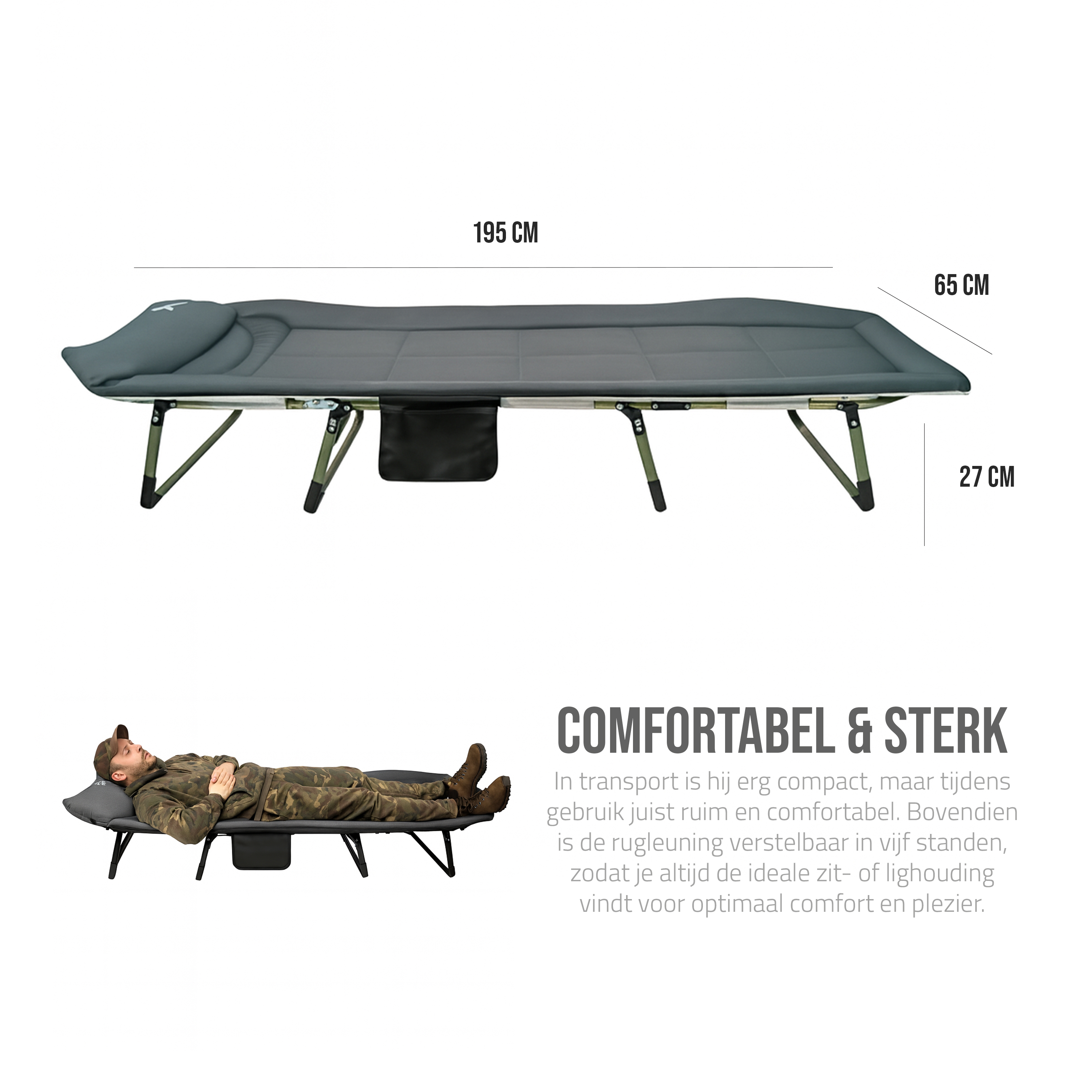 Eurocatch Karperstretcher Bedchair – 8-Poot Verstelbaar Campingbed met 5-Standen Rugleuning, Gevuld Hoofdeinde, Zijvak & Inklapbaar– Groen 