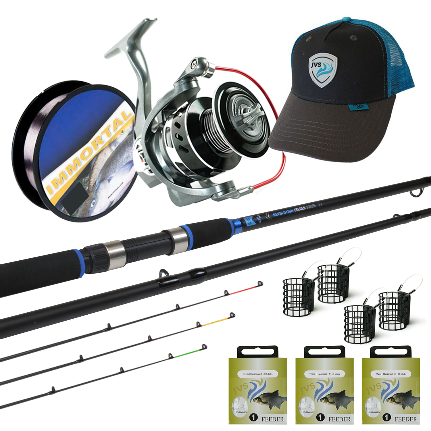 JVS Revolution Feeder set - Compleet Feederhengel + Feedermolen Vislijn Onderlijnen Feederkorven - Zwart