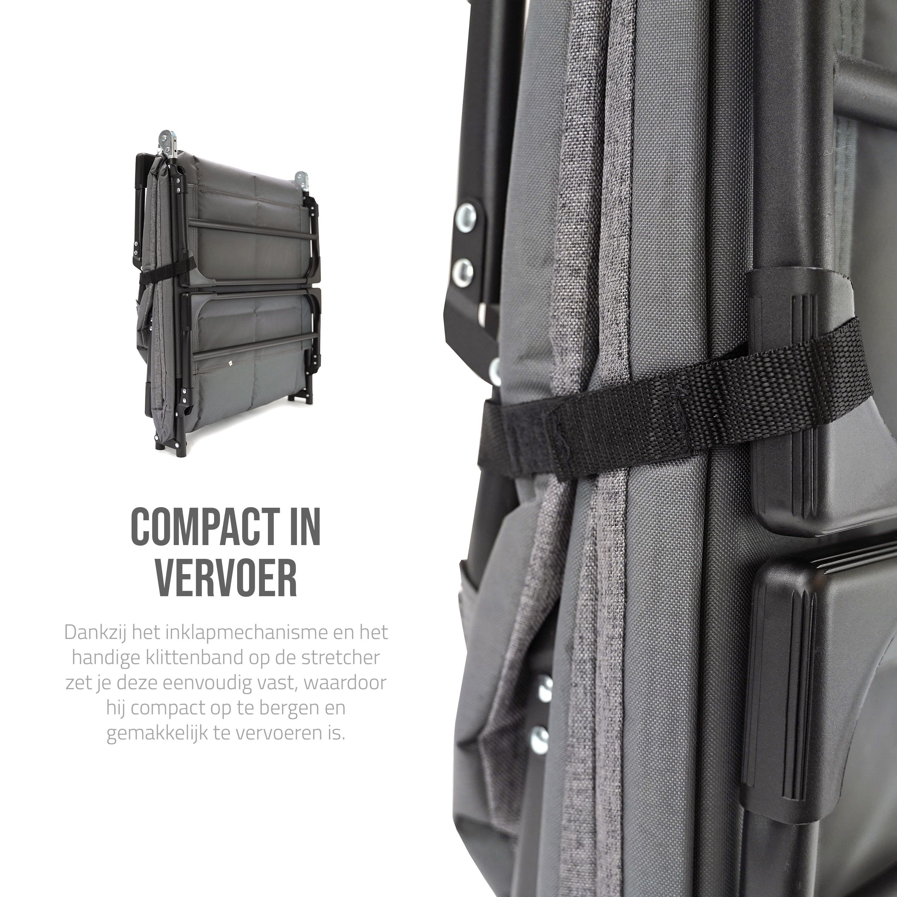 Eurocatch Opvouwbare Camping Stretcher – Verstelbaar Veldbed met 5-Standen Rugleuning, 4 Stevige Beugels, Zijvak, Gevuld Hoofdkussen – Compact & Comfortabel 