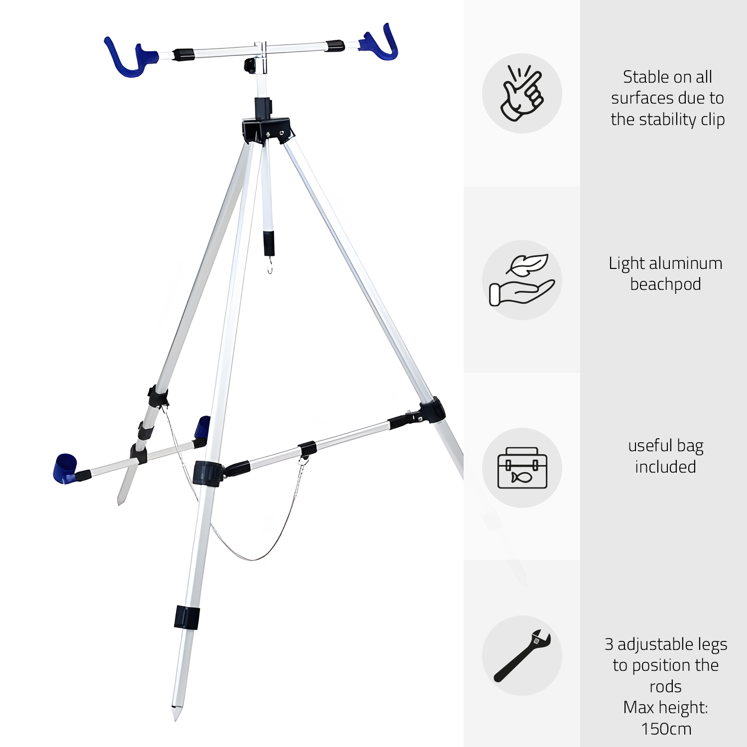 X2 3-leg Strandsteun Deluxe | Verstelbare Strandsteun| twee Hengels |  Hoogte Max. 150cm | Driepoot | Tri-pod | Aluminium Beach Pod