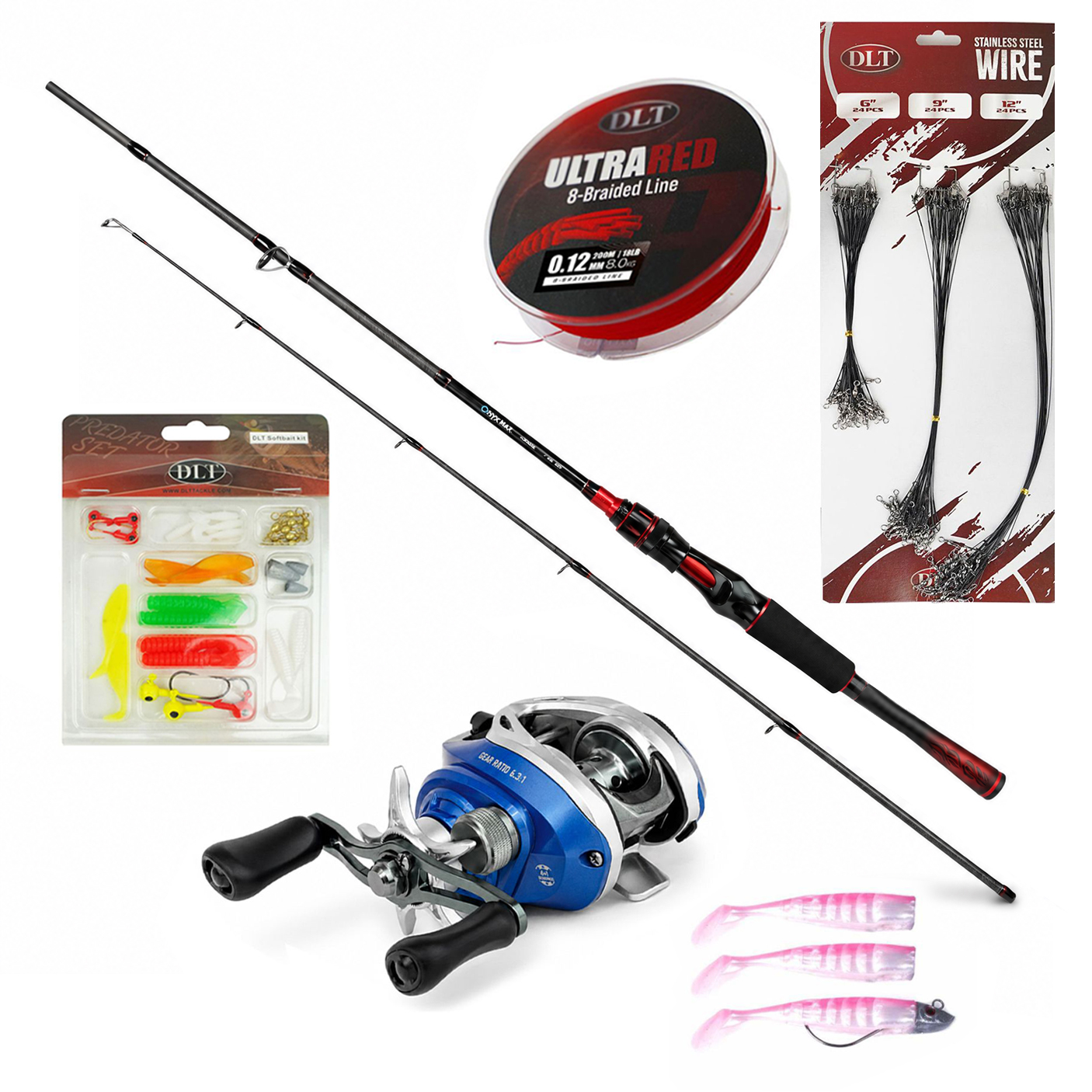 Eurocatch Baitcaster set Deluxe - Baitcasterhengel & Baitcasterreel - Gevlochten lijn - Sofbait kit - Staaldraadjes