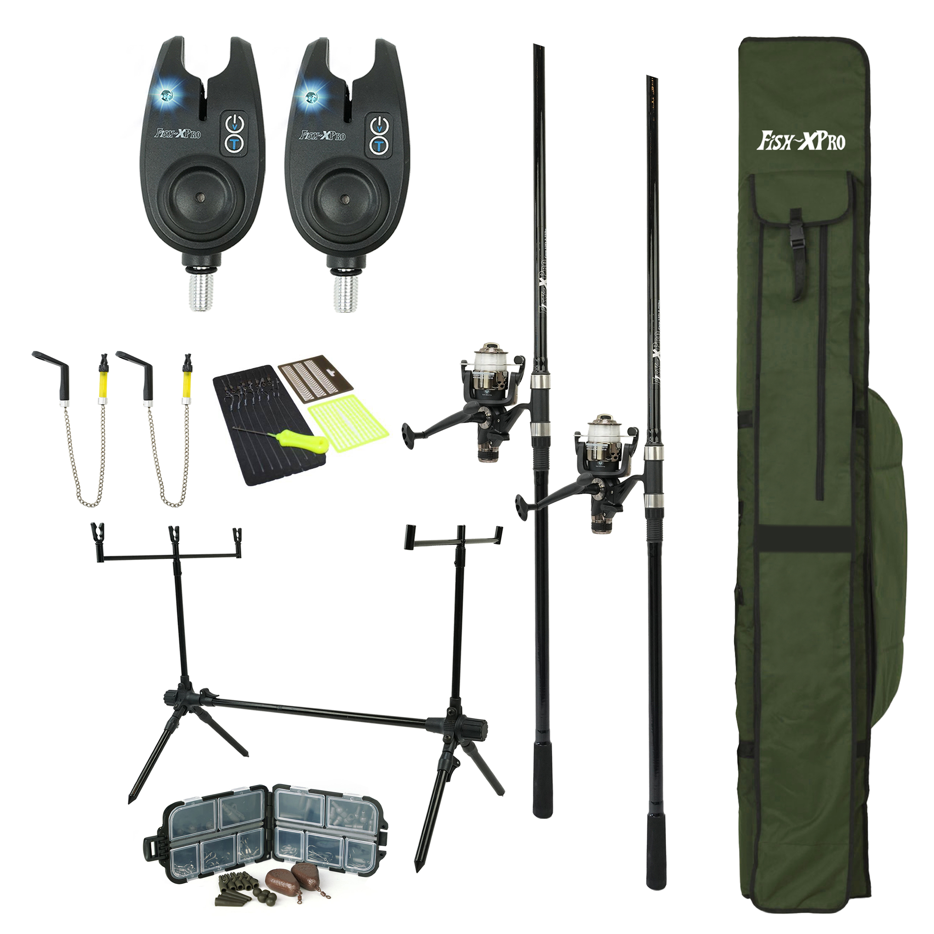 FISH-XPRO Karperset - Carpset Pro Improve Set - 2-Rod - Karperhengelset - Extra Uitgebreid - 96-Delig