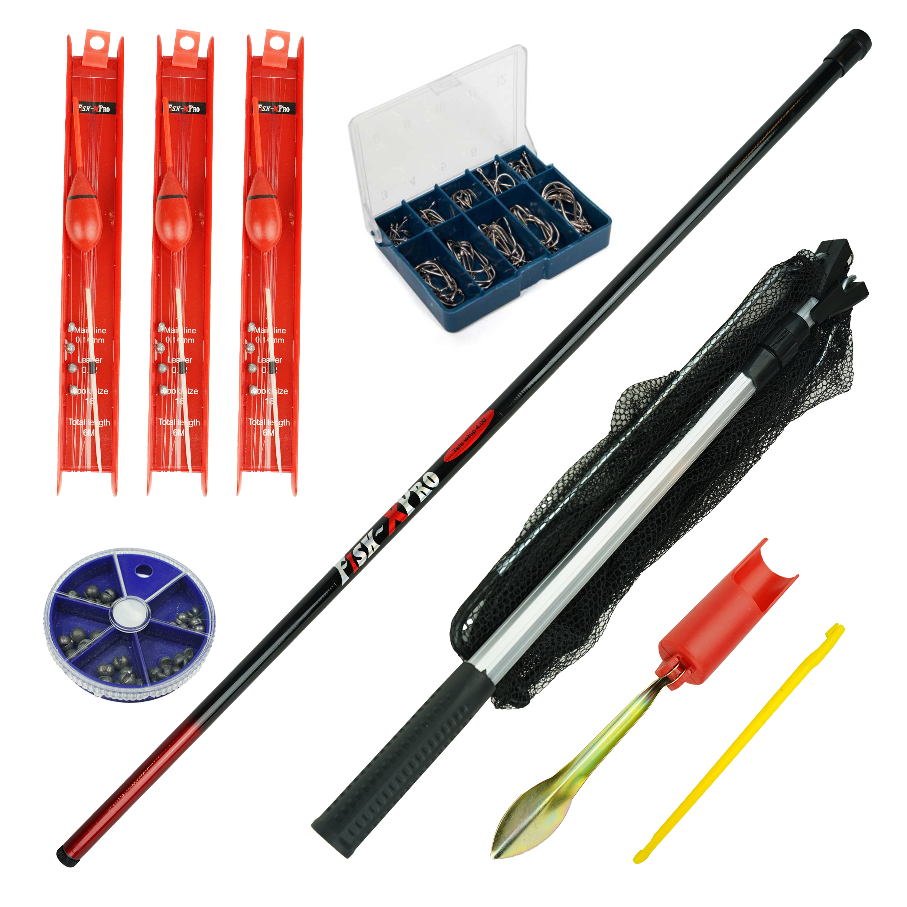 FishXpro Ready To Go hengelset 4.00m - Telescoop hengel 4m - Incl. Hengelsteun - Schepnet - Dobber en Accessoires