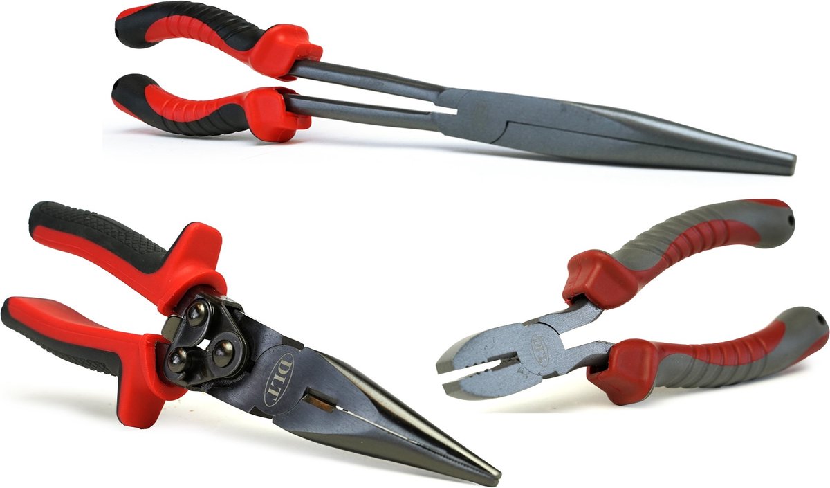 DLT Onthaaktangset 3-delig - Long Nose Plier - Heavy Duty Straight Nose Plier - Crimping Plier Incl. Sleeves - Carbon Staal - 30cm