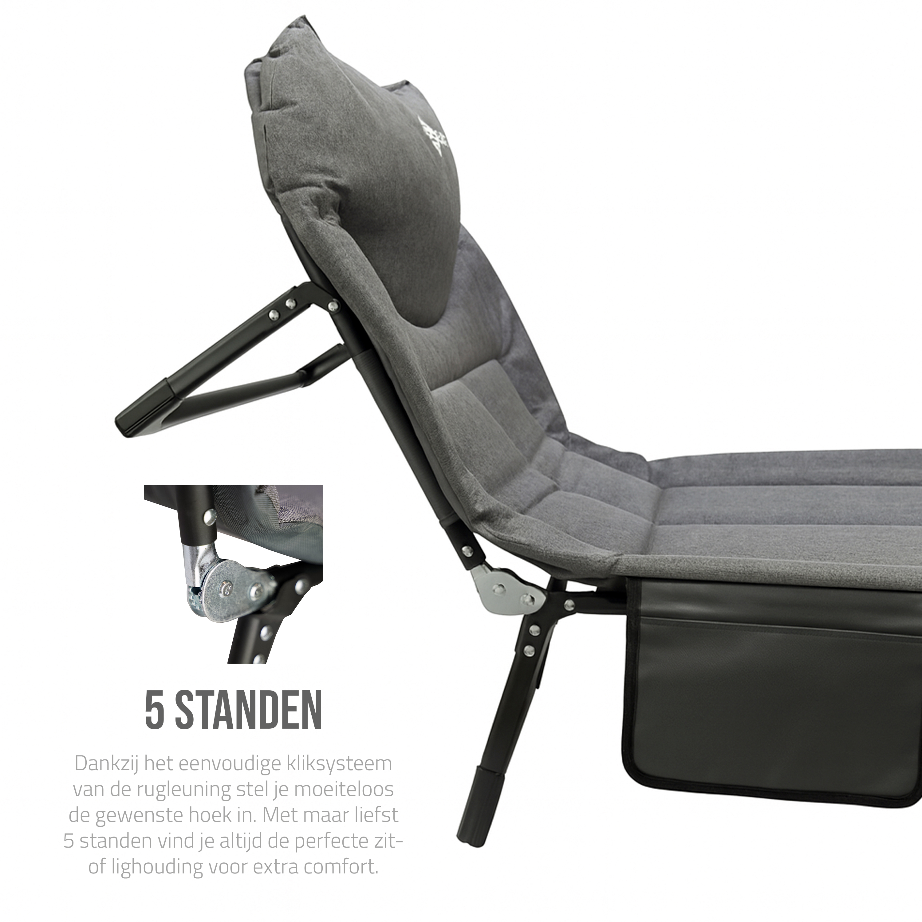 Eurocatch Opvouwbare Camping Stretcher – Verstelbaar Veldbed met 5-Standen Rugleuning, 4 Stevige Beugels, Zijvak, Gevuld Hoofdkussen – Compact & Comfortabel 