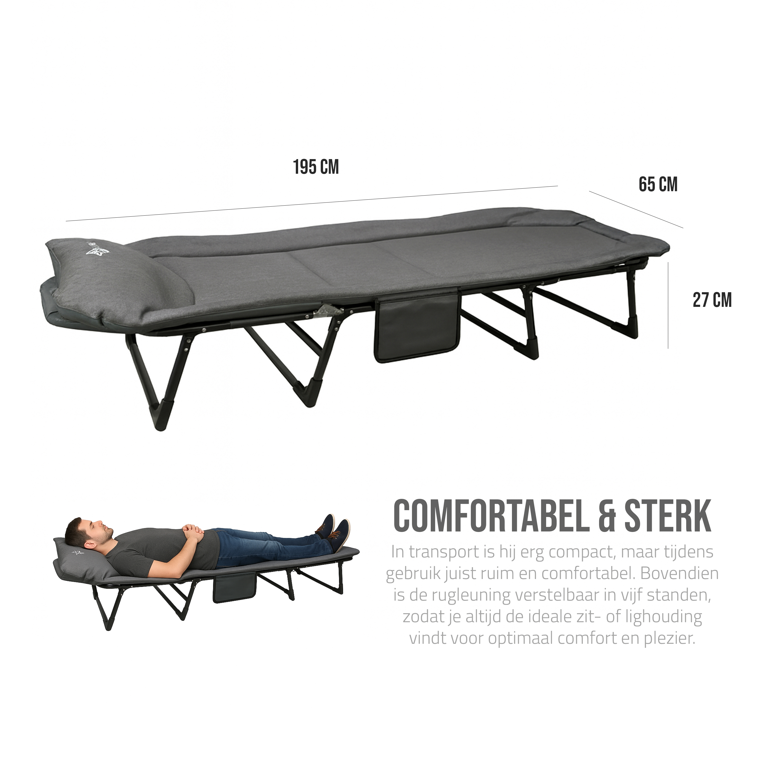 Eurocatch Opvouwbare Camping Stretcher – Verstelbaar Veldbed met 5-Standen Rugleuning, 4 Stevige Beugels, Zijvak, Gevuld Hoofdkussen – Compact & Comfortabel 