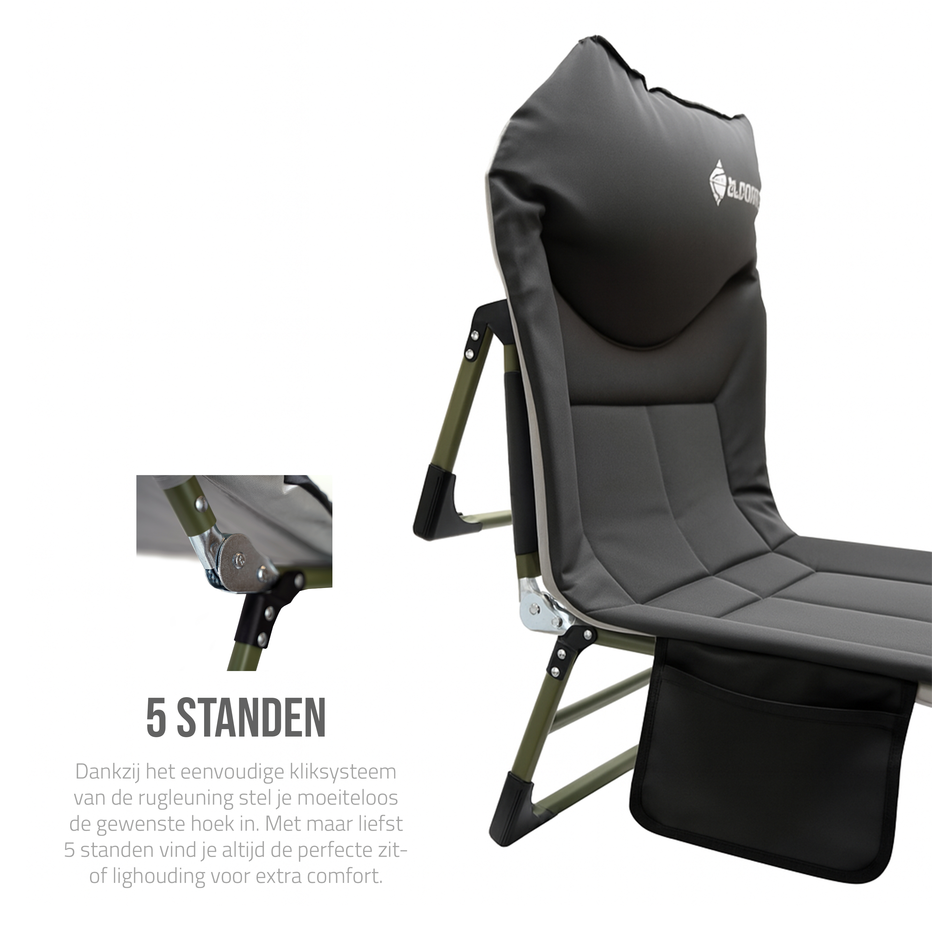 Eurocatch Karperstretcher Bedchair – 8-Poot Verstelbaar Campingbed met 5-Standen Rugleuning, Gevuld Hoofdeinde, Zijvak & Inklapbaar– Groen 