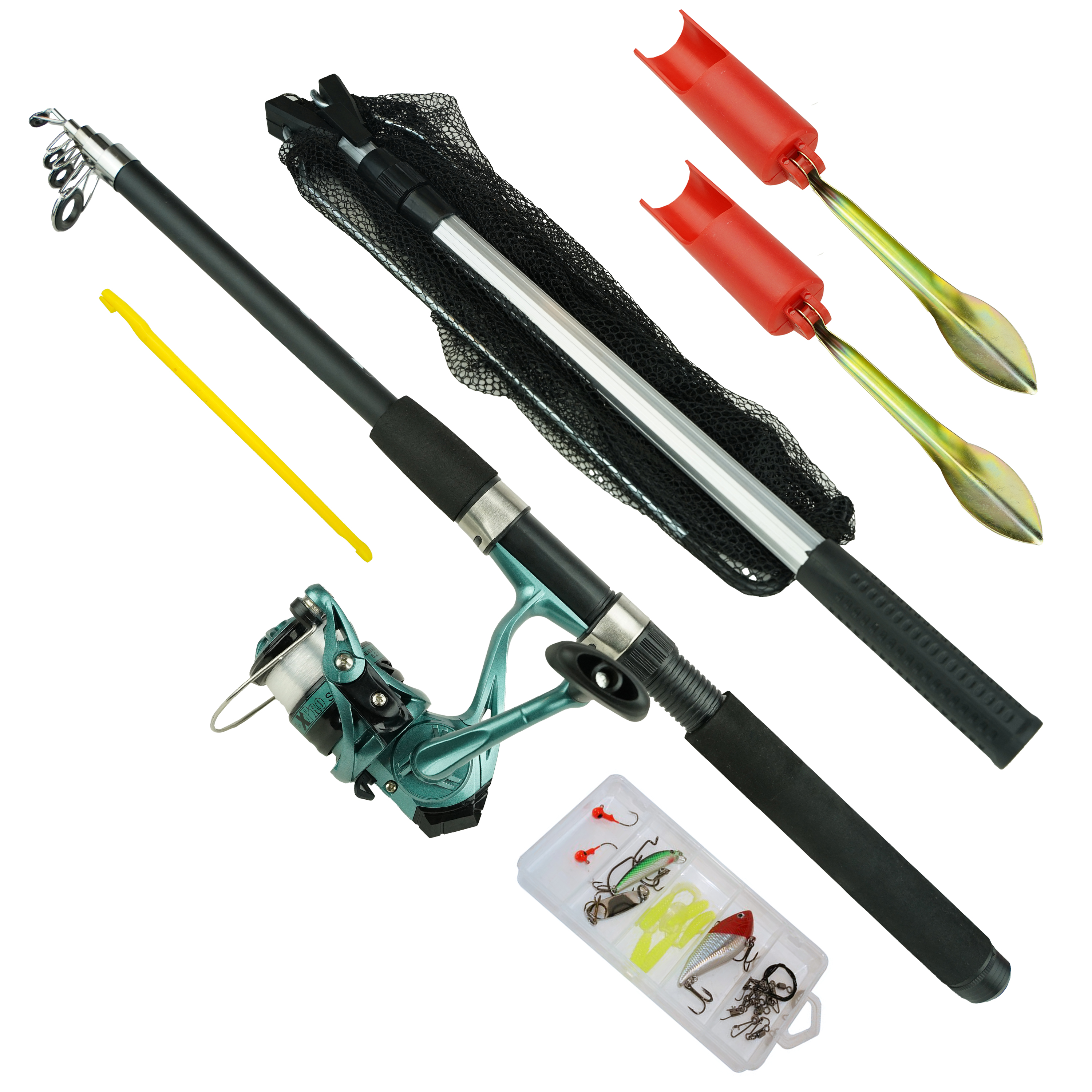 Fish-Xpro Allround Vishengel Set 2.10m - Werpmolen met Nylon - Schepnet 40x40 - Hengelsteun - Tackle Box met Accessoires