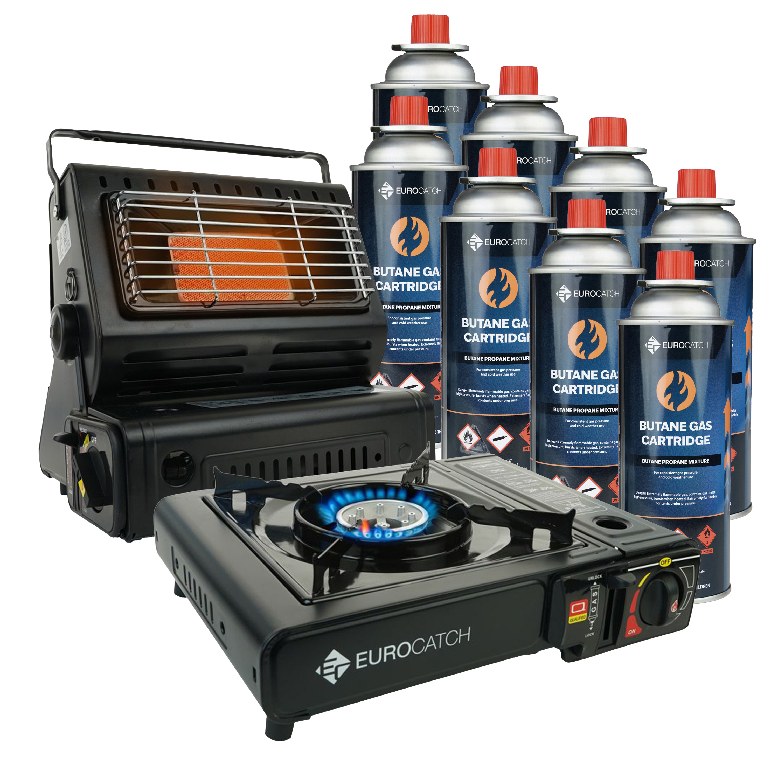 Eurocatch Gaskachel & Kooktoestel - Camping set - 8 Butaan Gasbussen - Gasstel - Gaspit - Kachel - Heater
