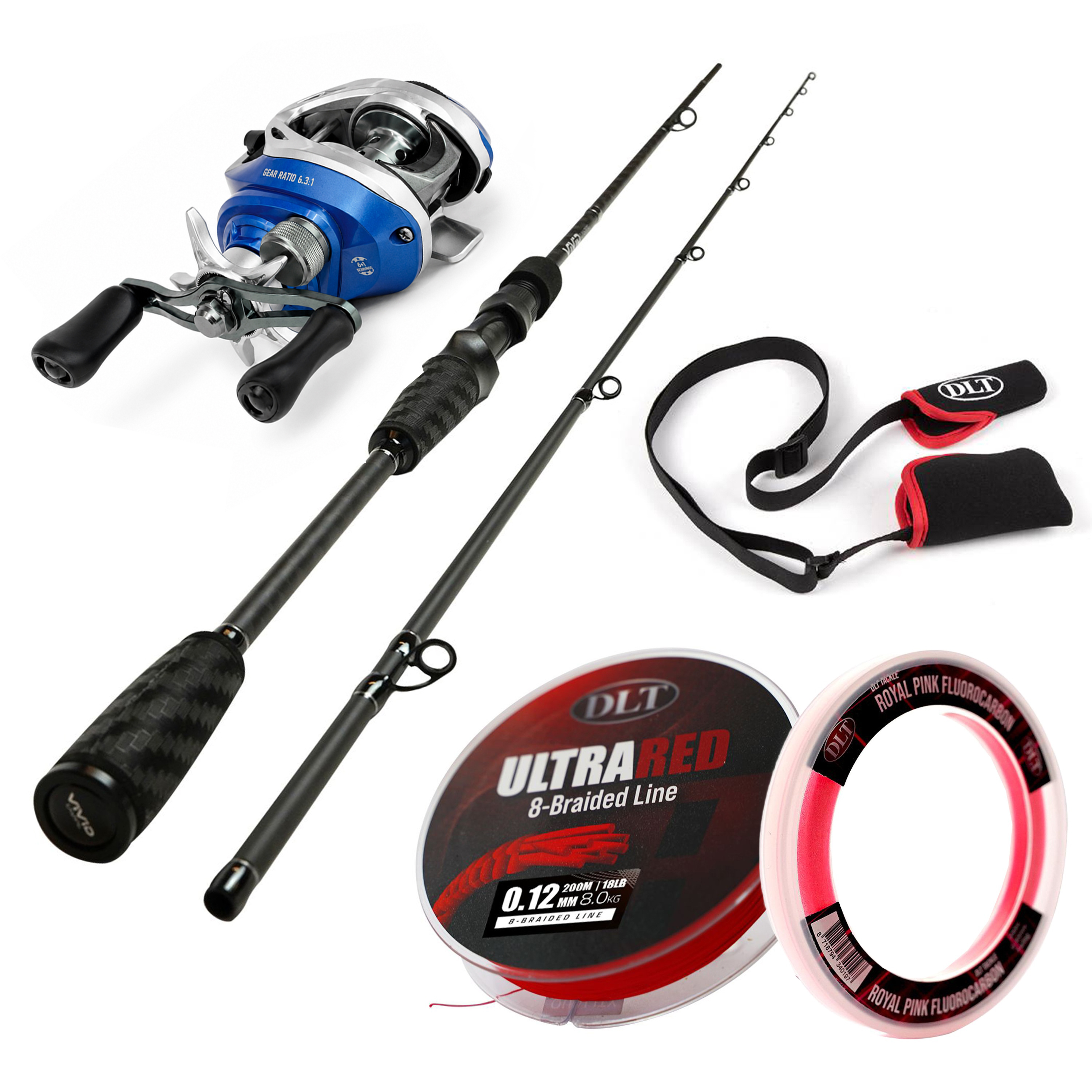 DLT Vivid Baitcaster Hengelset. Complete Set met Hengel. Reel. Gevlochten Lijn. Fluorocarbon & Hoes