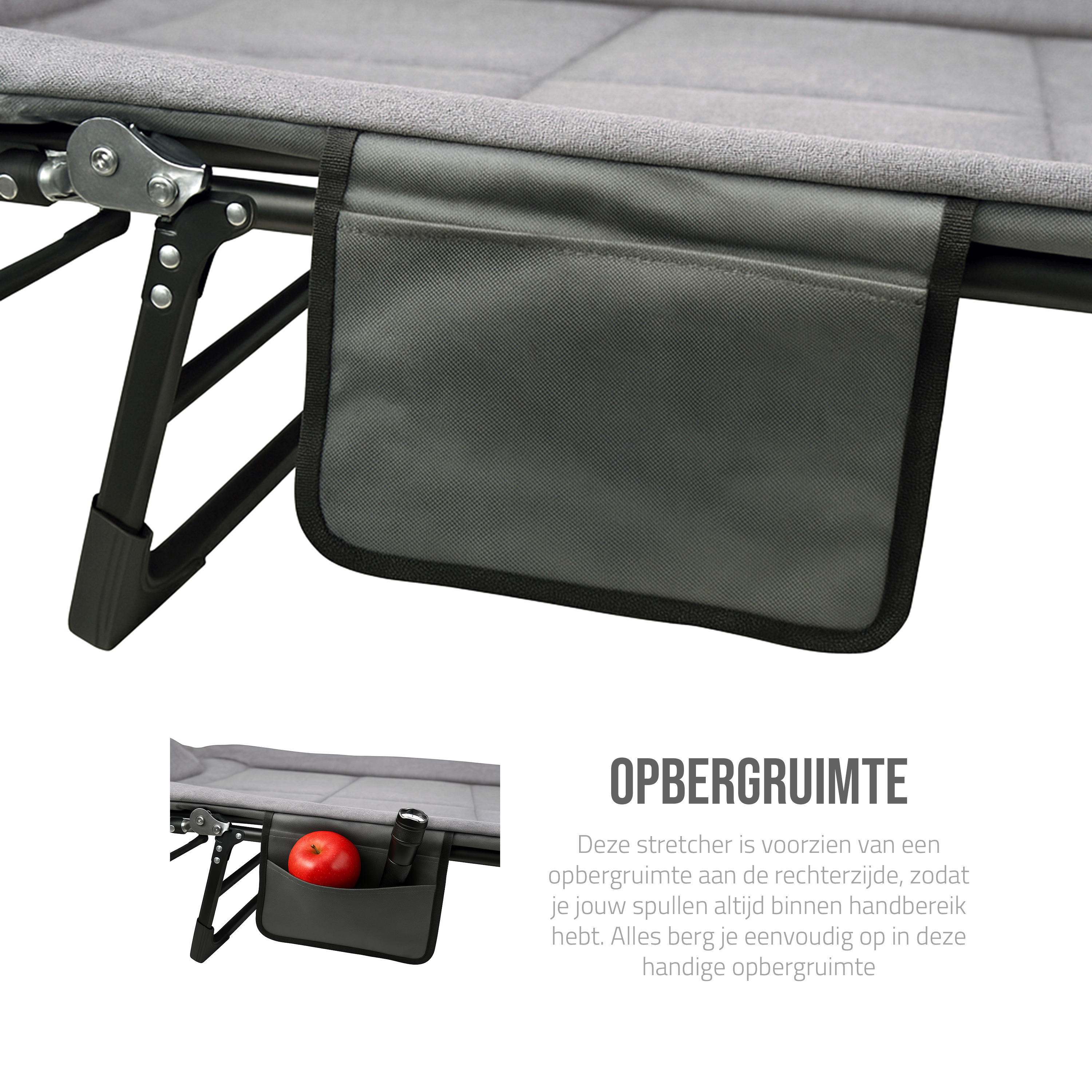 Eurocatch Opvouwbare Camping Stretcher – Verstelbaar Veldbed met 5-Standen Rugleuning, 4 Stevige Beugels, Zijvak, Gevuld Hoofdkussen – Compact & Comfortabel 