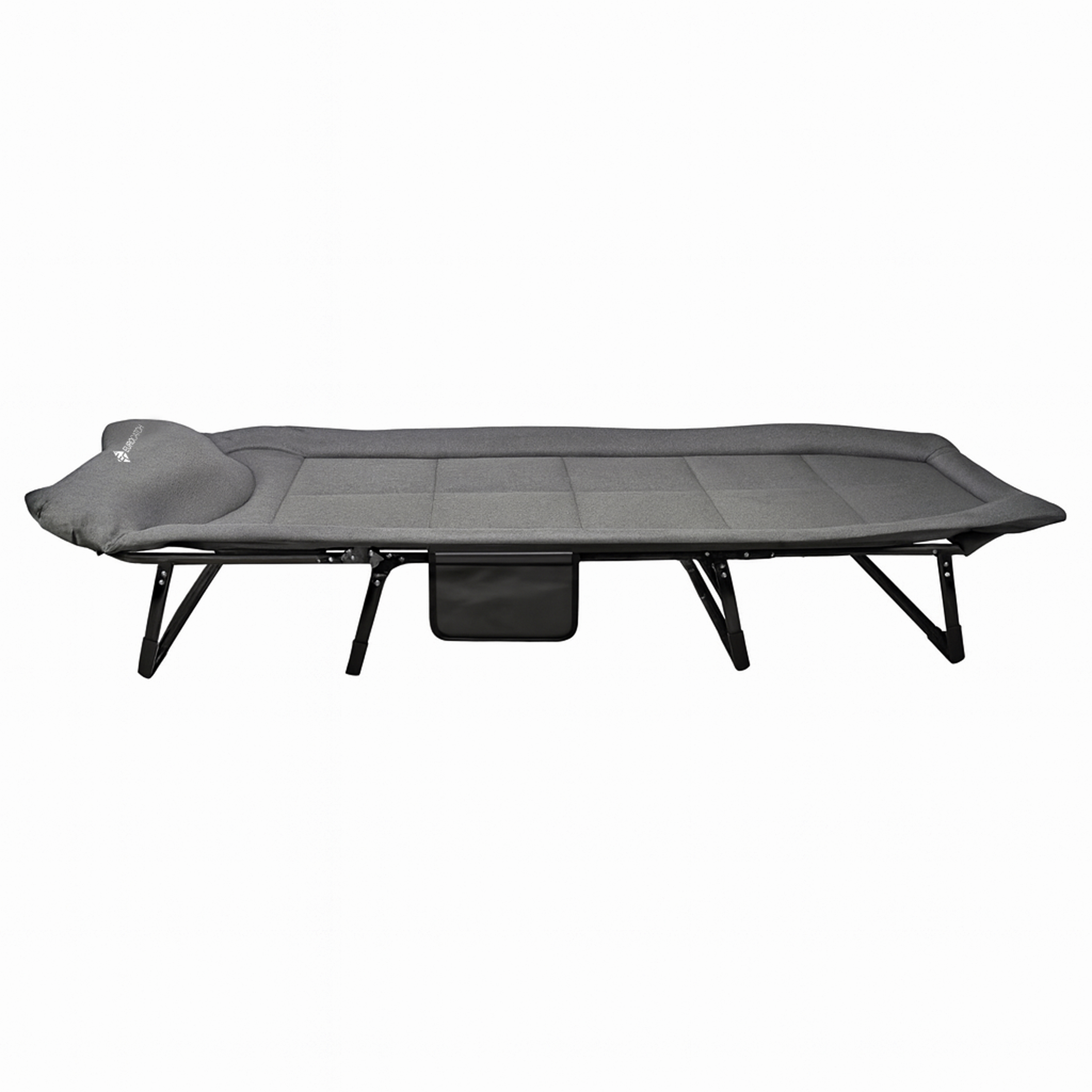 Eurocatch Opvouwbare Camping Stretcher – Verstelbaar Veldbed met 5-Standen Rugleuning, 4 Stevige Beugels, Zijvak, Gevuld Hoofdkussen – Compact & Comfortabel 