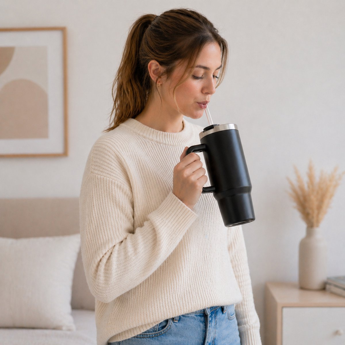 Eurocatch Tumbler 1.2L - Thermosbeker met Rietje en Handvat - 11 uur koud 48 uur met ijs - Vaatwasser bestendig - Zwart