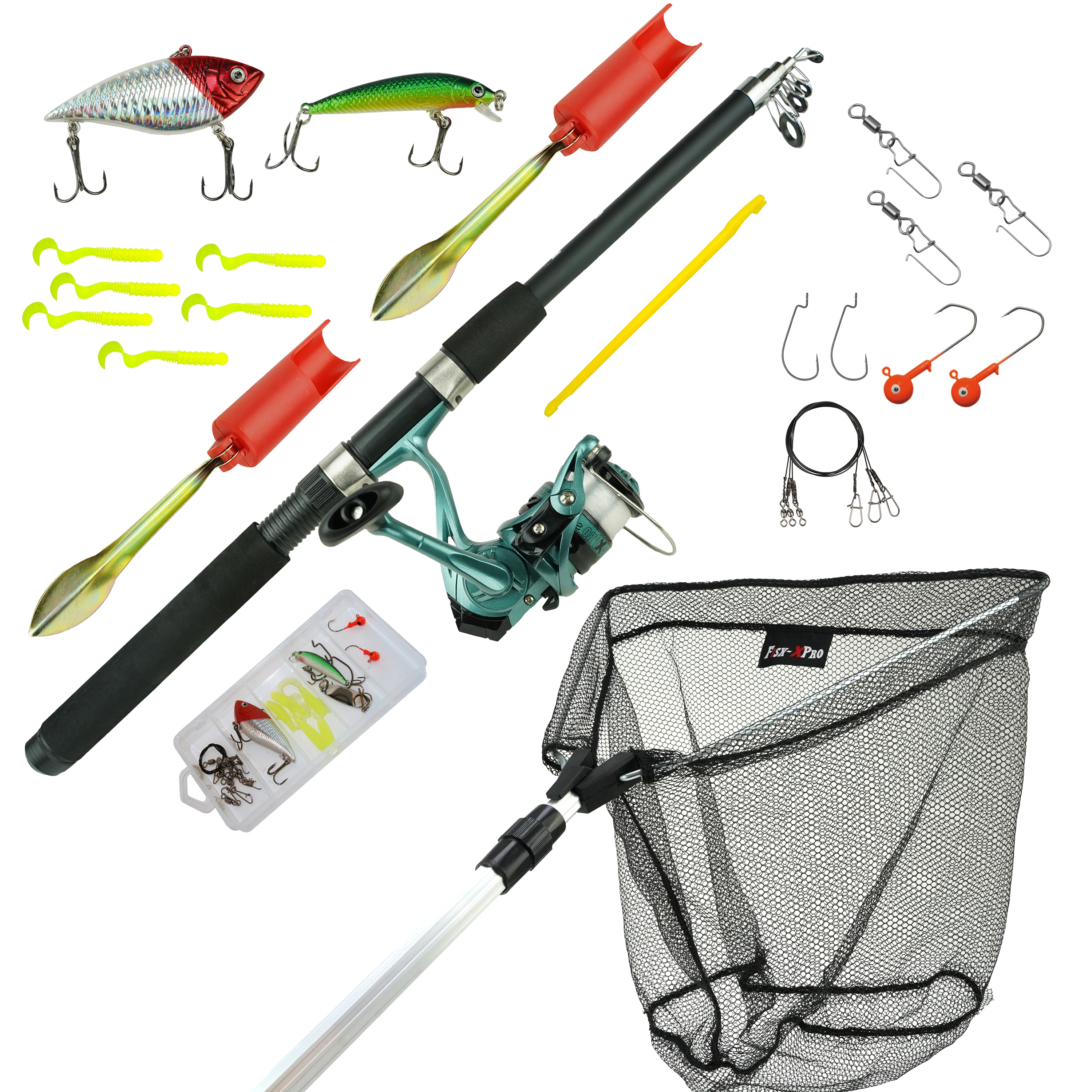 Fish-Xpro Allround Vishengel Set 2.10m - Werpmolen met Nylon - Schepnet 40x40 - Hengelsteun - Tackle Box met Accessoires
