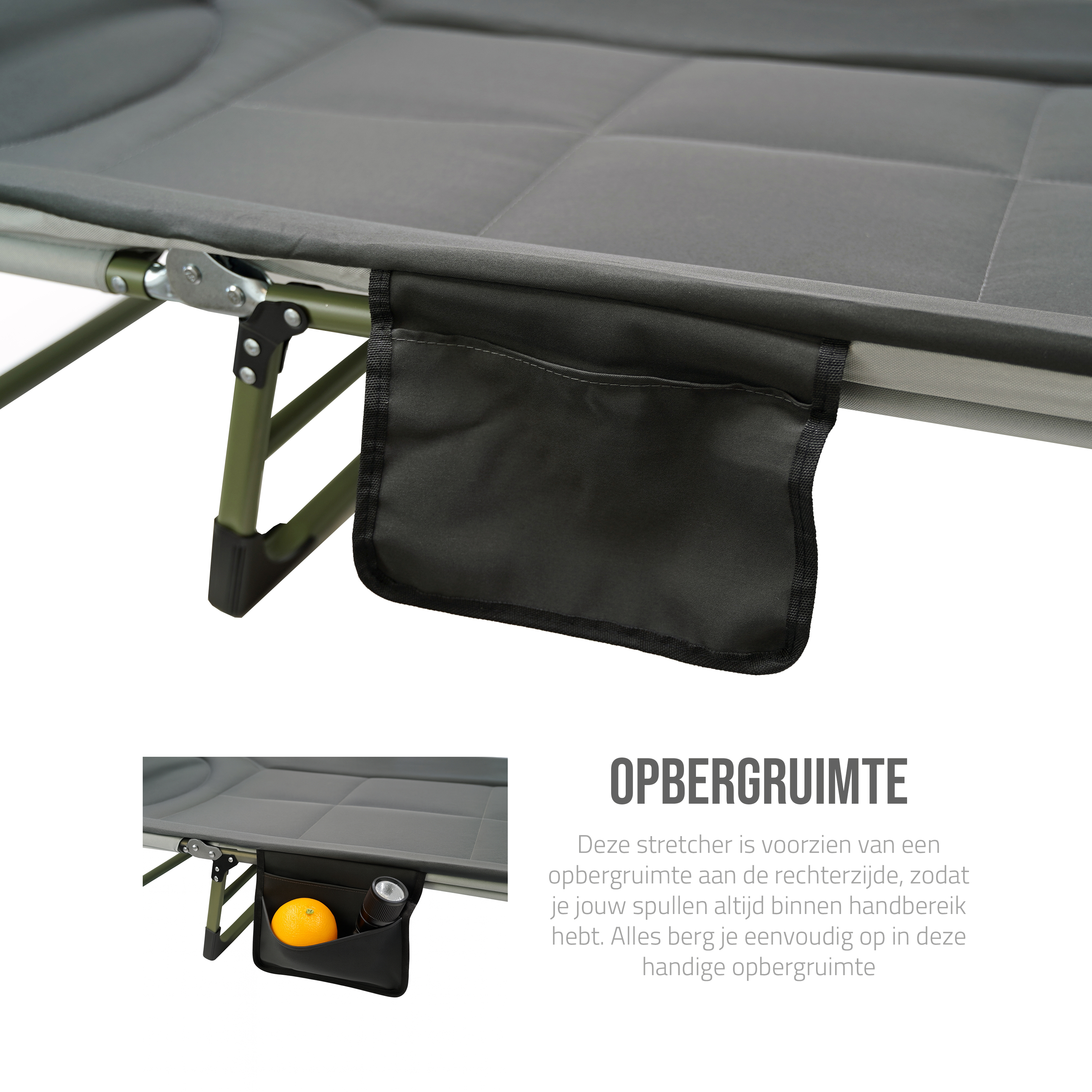 Eurocatch Karperstretcher Bedchair – 8-Poot Verstelbaar Campingbed met 5-Standen Rugleuning, Gevuld Hoofdeinde, Zijvak & Inklapbaar– Groen 