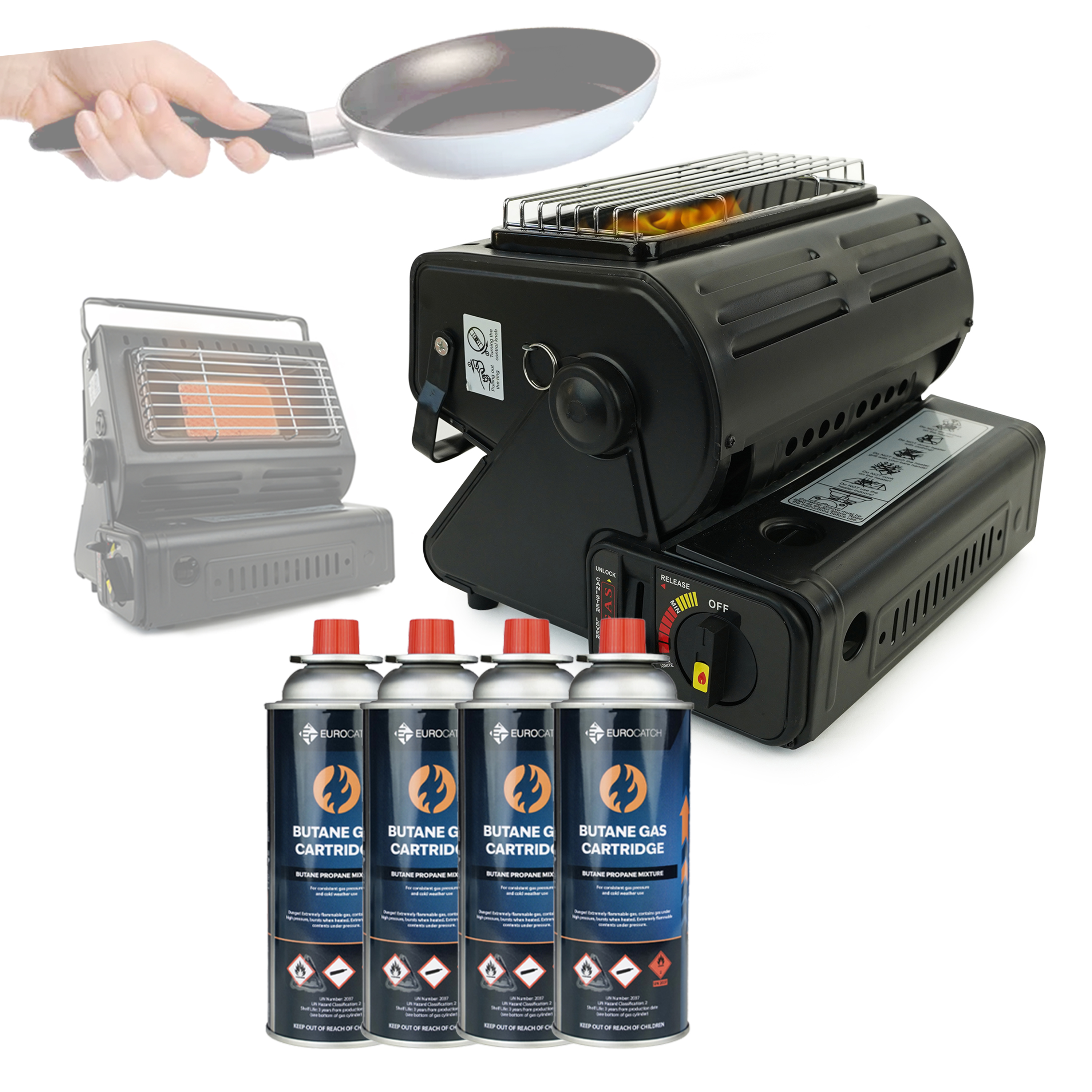 Eurocatch Gaskachel/Kooktoestel - Incl. 4 Gasbussen - Heater - Cooker - Kacheltje - Terrasverwarmer - Verstelbaar en Draagbaar