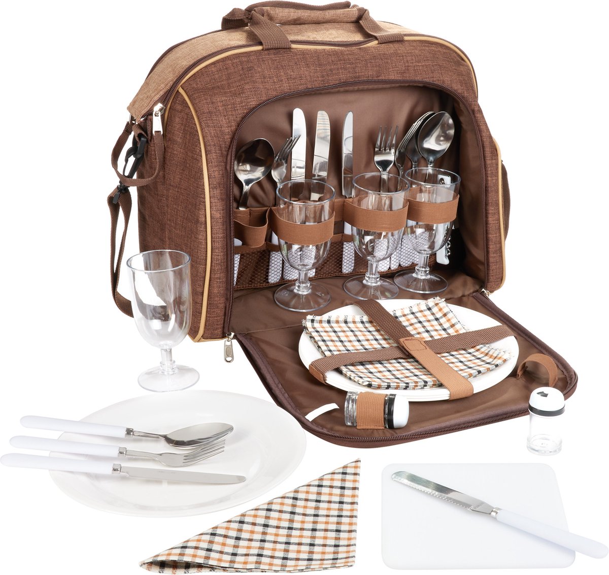 BRUBAKER | Picknicktas | 4 personen met koelvak draagbaar als duffeltas of schoudertas | bruin  | 38 × 30 x 21,5 cm | 30 Delen