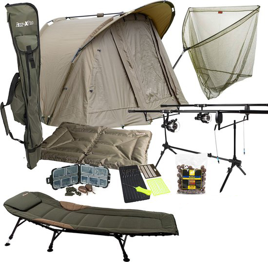 Traxis Karperset - Overnighter Set - Karpervissen - Vistent - 2 Hengels - 2 Molens - Stretcher - Schepnet - Onthaakmat - Rodpod -Beetmelders