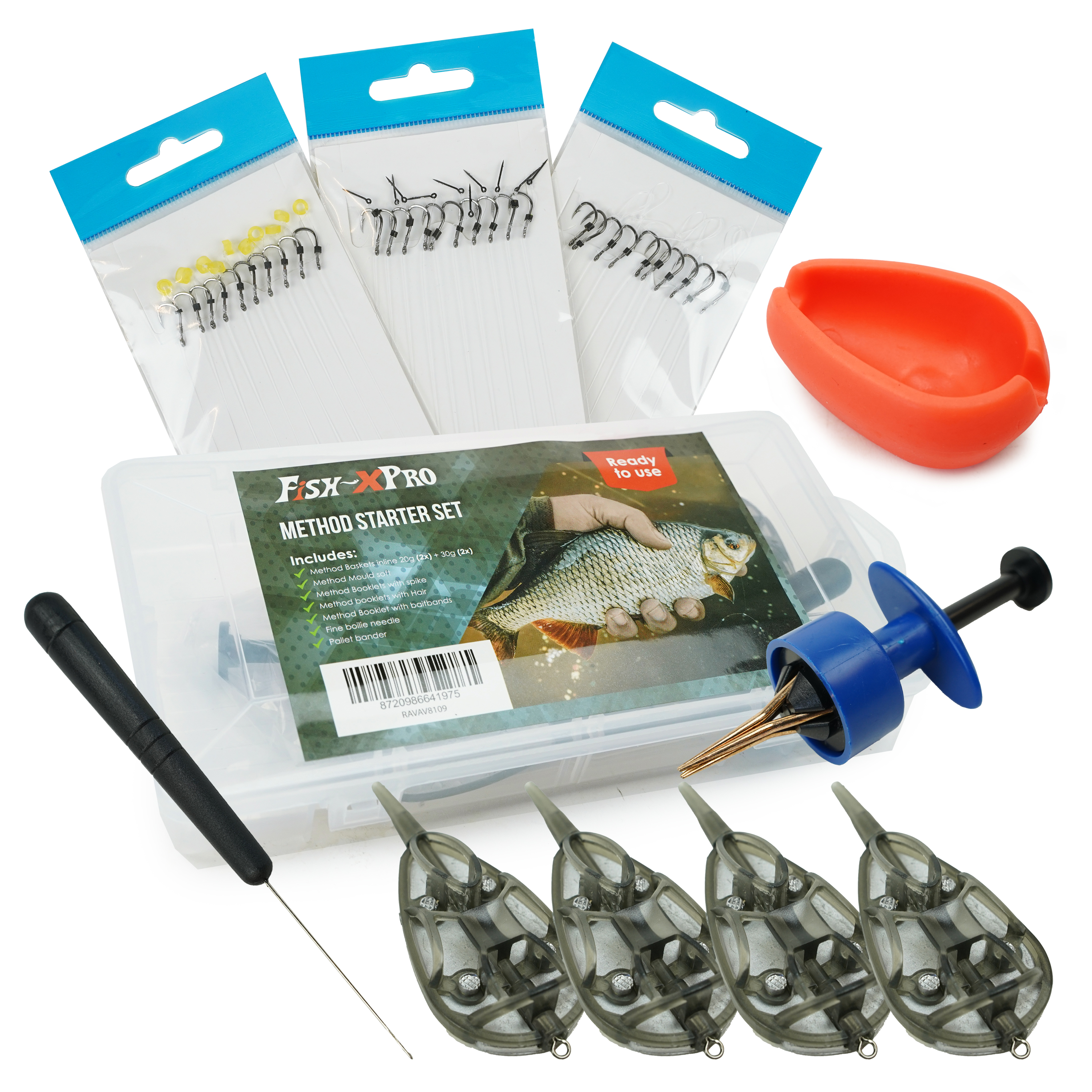 FishXpro Method starter set - Complete Methodvis Set - Onderlijnen - Methodkorven - Pelletbander & Boilienaald