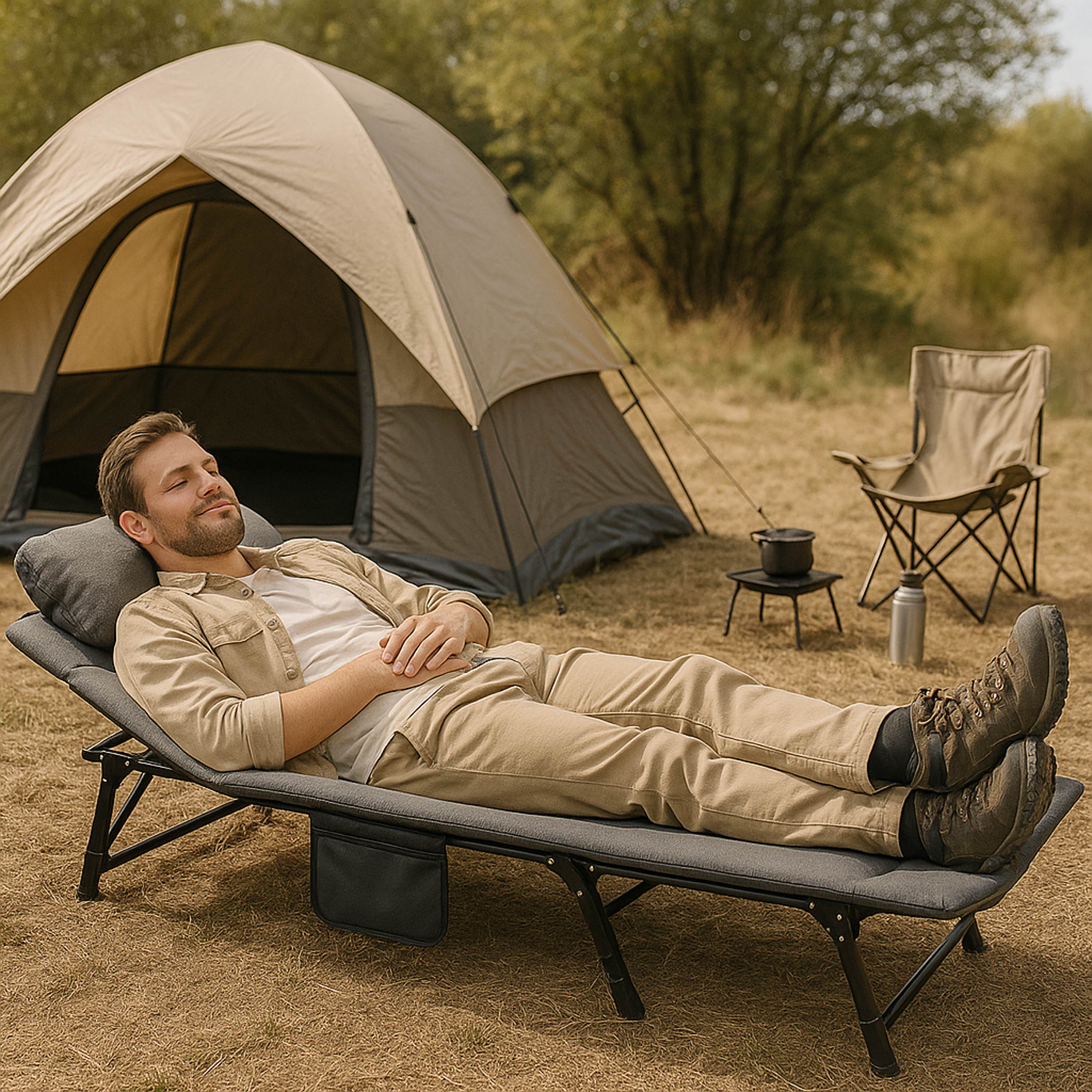 Eurocatch Karperstretcher Bedchair – 8-Poot Verstelbaar Campingbed met 5-Standen Rugleuning, Gevuld Hoofdeinde, Zijvak & Inklapbaar– Groen 