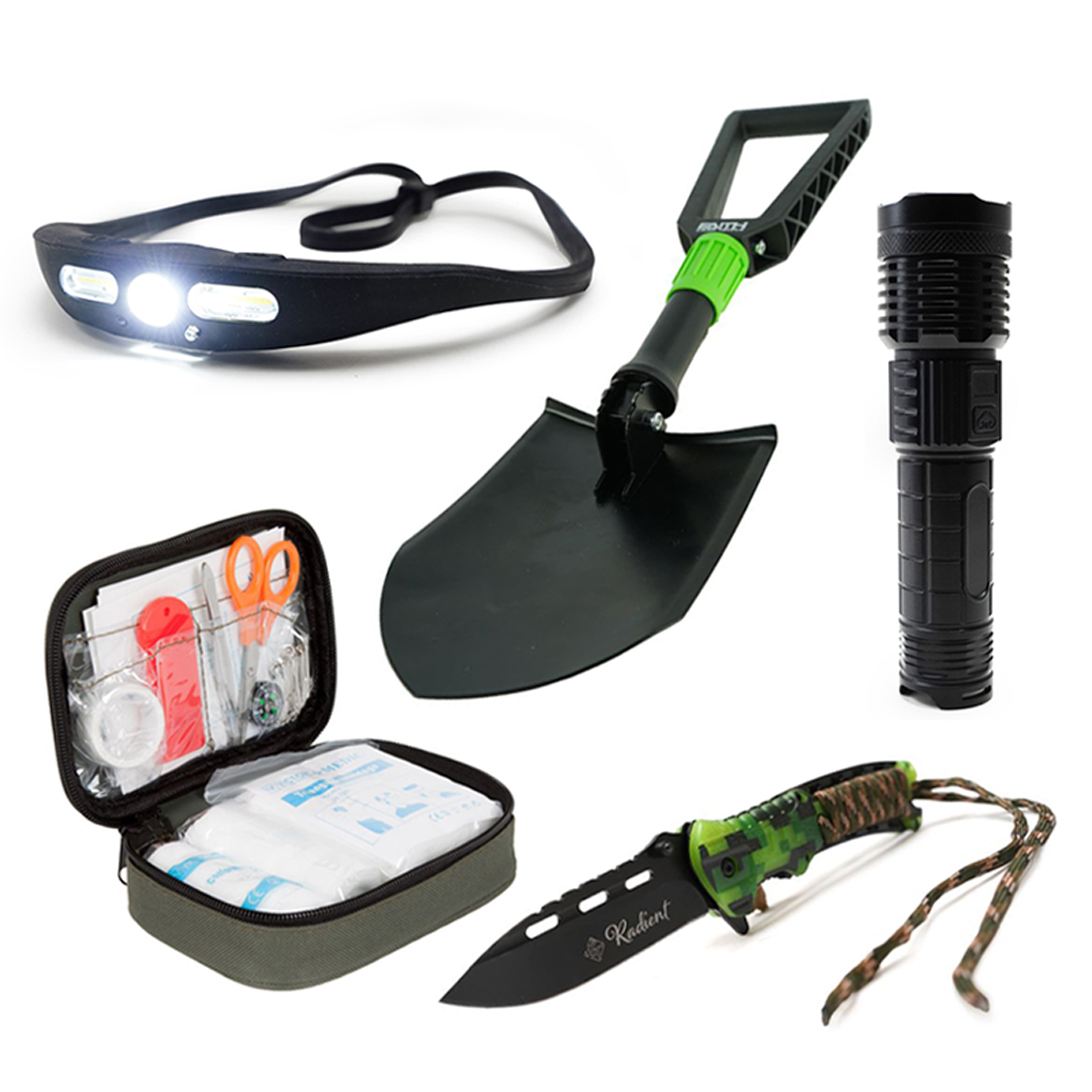 Faith Nachtvis Hulp Pakket Compleet met Hoofdlamp, Zaklamp, Zakmes, EHBO-kit & Vouwschep – Oplaadbaar & Outdoorproof