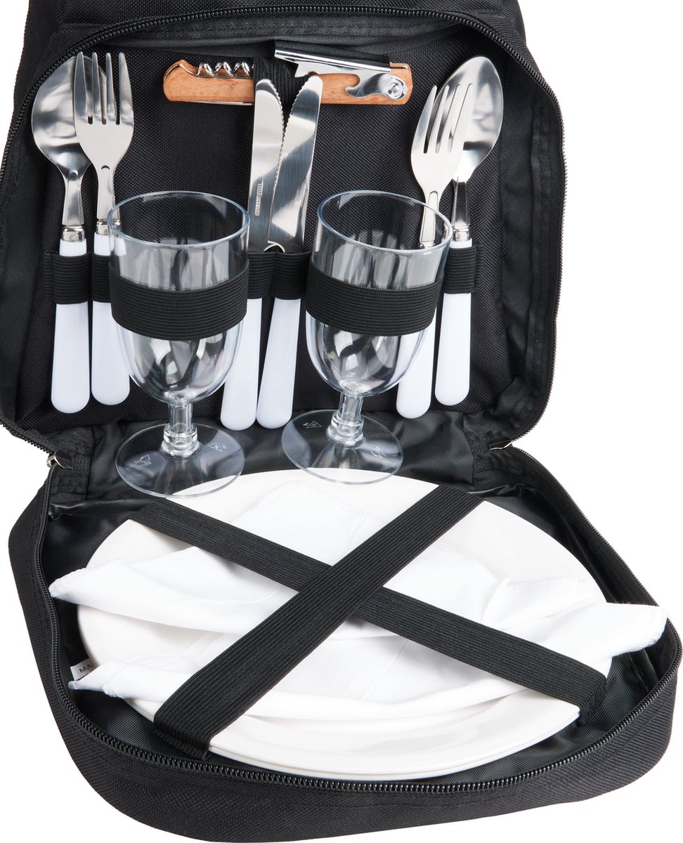 BRUBAKER |Picknickrugzak | 2 personen | zwart  | 28 × 45 × 15 cm | met koelvak | Picknick set | 14 Delen