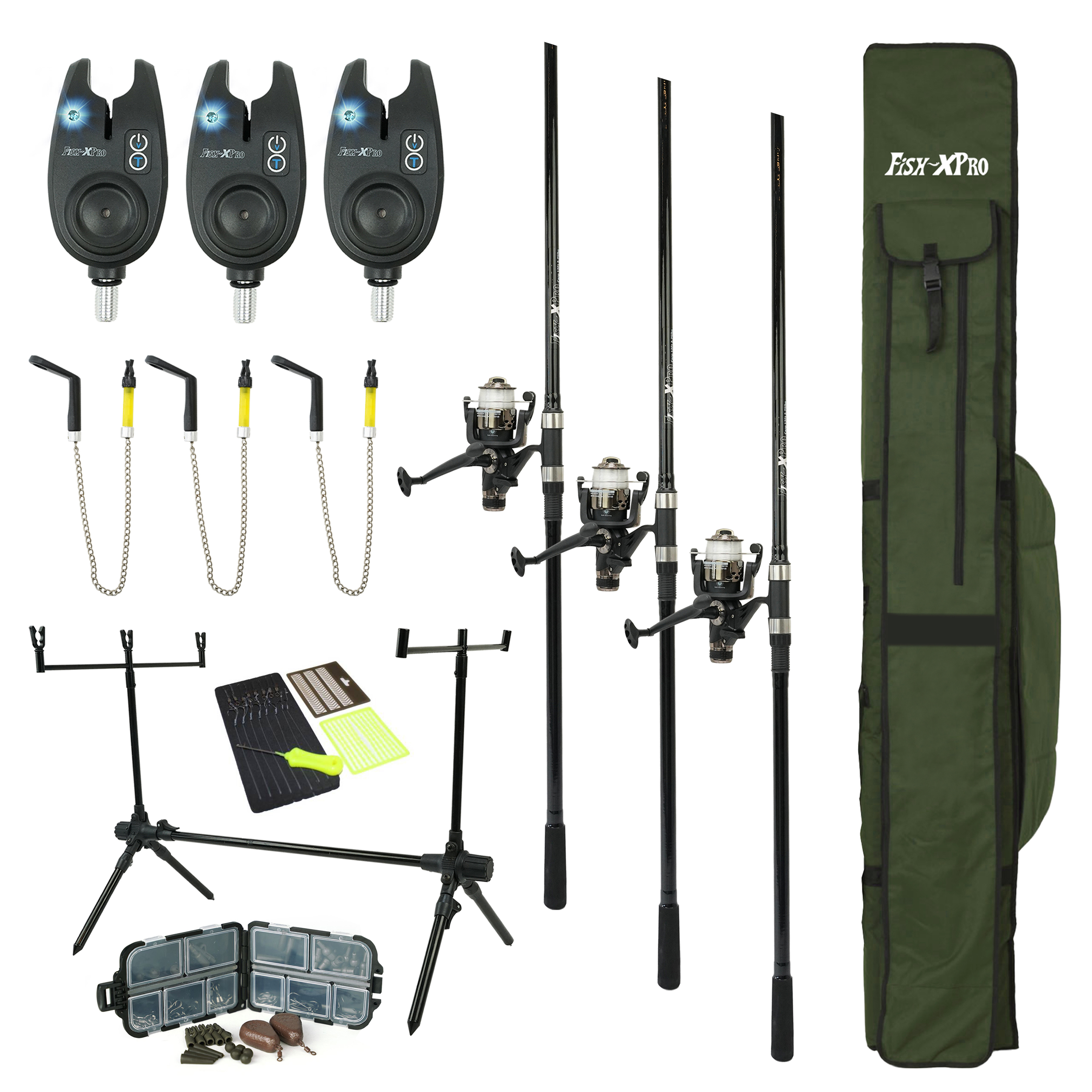 FISH-XPRO Karperset - Carpset Pro Improve Set - 3-Rod - Karperhengelset - Extra Uitgebreid - 96-Delig