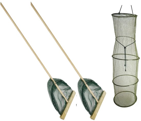 Eurocatch Garnalennet L - 2 Stuks - en Bewaarnet Set 30cm Breed - Houten steel 107cm lang - Slootnet - Visnet - Samen Garnalenvissen