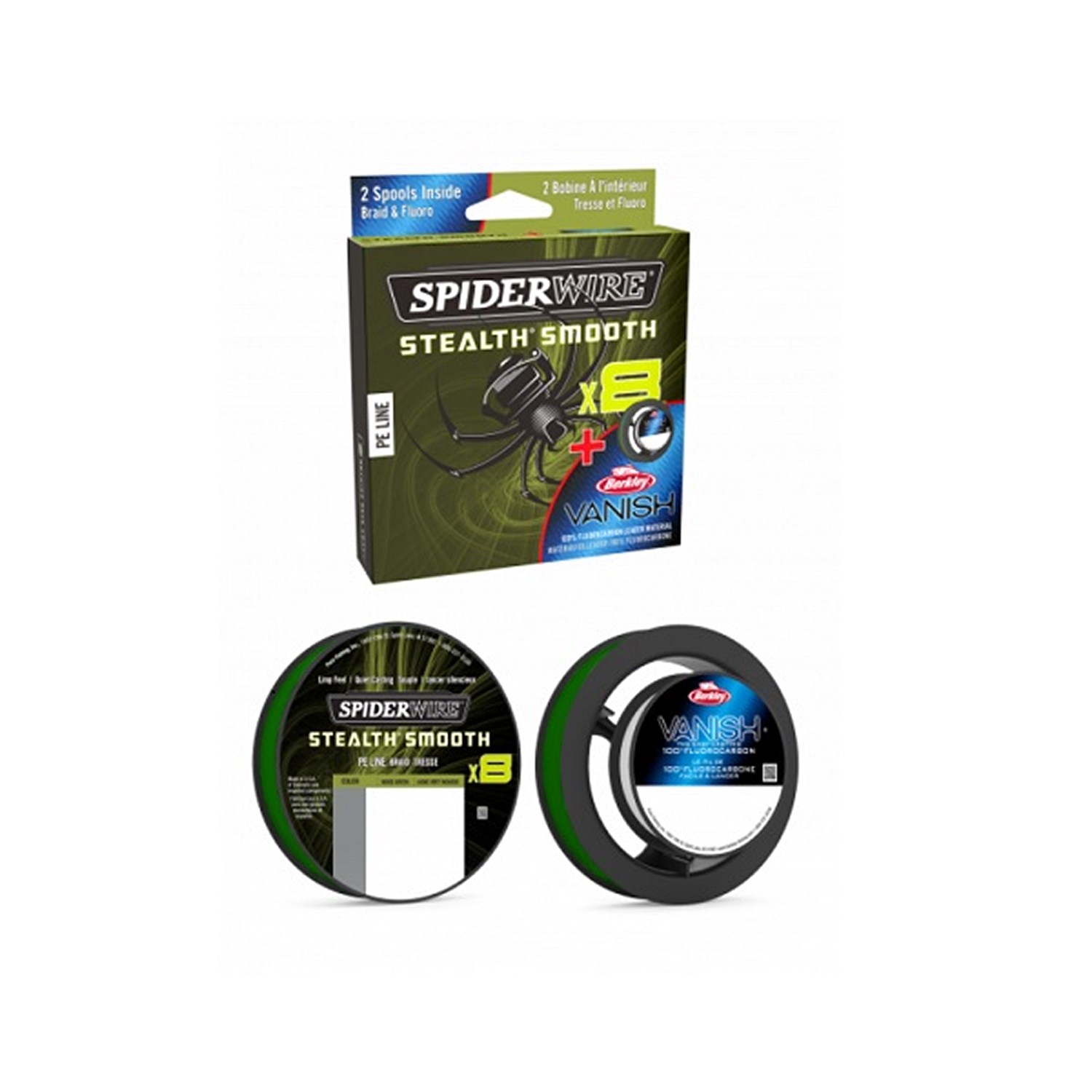SpiderWire Smooth 8 & Vanish Fluorocarbon Duo Spool | Moss Green/Clear Fluo | 150/50m | 0.09mm/0.30mm | Gevlochten Lijn
