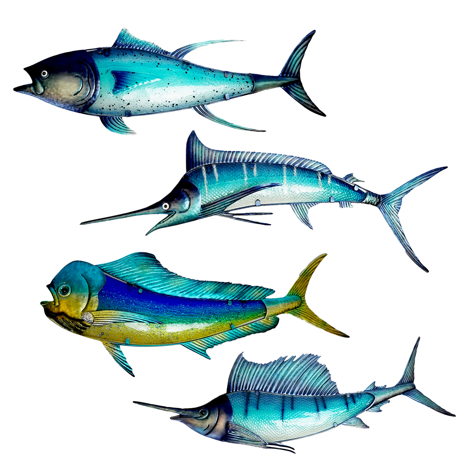 Eurocatch  Big Game Wanddecoset - Tonijn Dorado Sailfish Marlijn -  4 stuks - Muurdecoratie - 110cm - 3-D Metaal en Glas - Kunst - Cadeau Tip