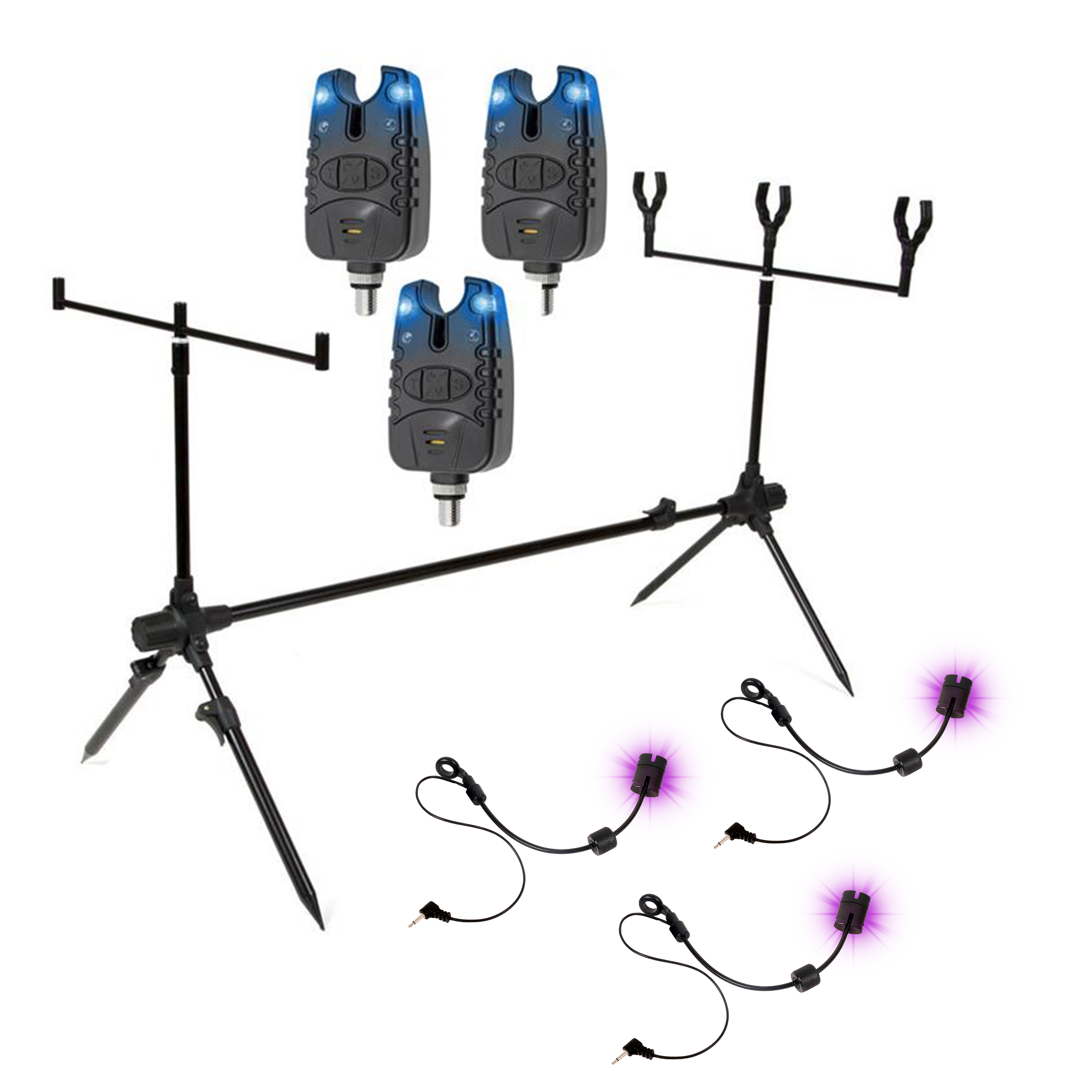 X2 Base Rodpod - Set - Incl 3 Beetmelders - 3 Swingers - Zwart - Blauwe Leds - Karpervissen