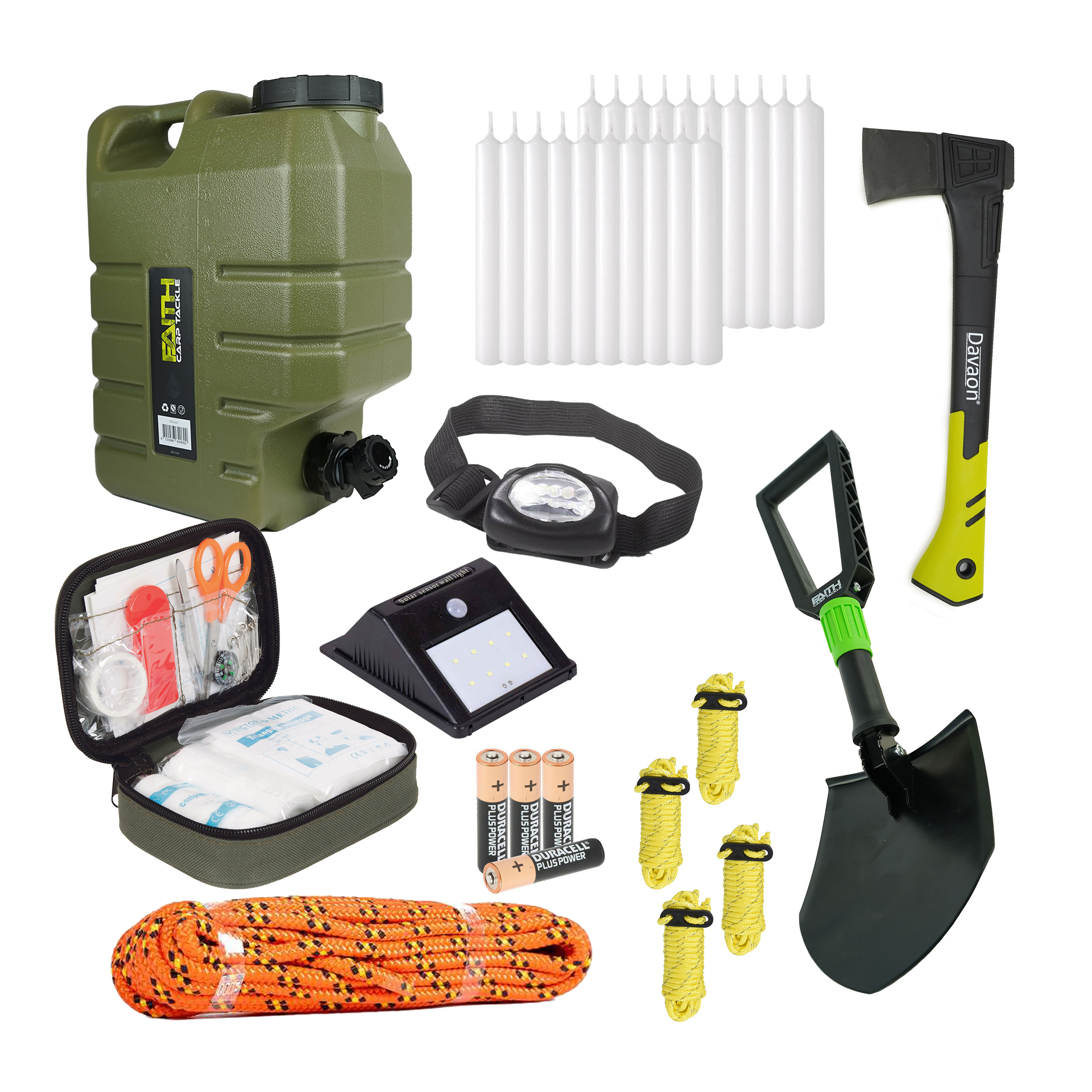 Eurocatch Noodpakket Incl. Jerrycan - Schep - Bijl - EhboKit - Hoofdlamp - Kaarsen - Touw - Solar Verlichting