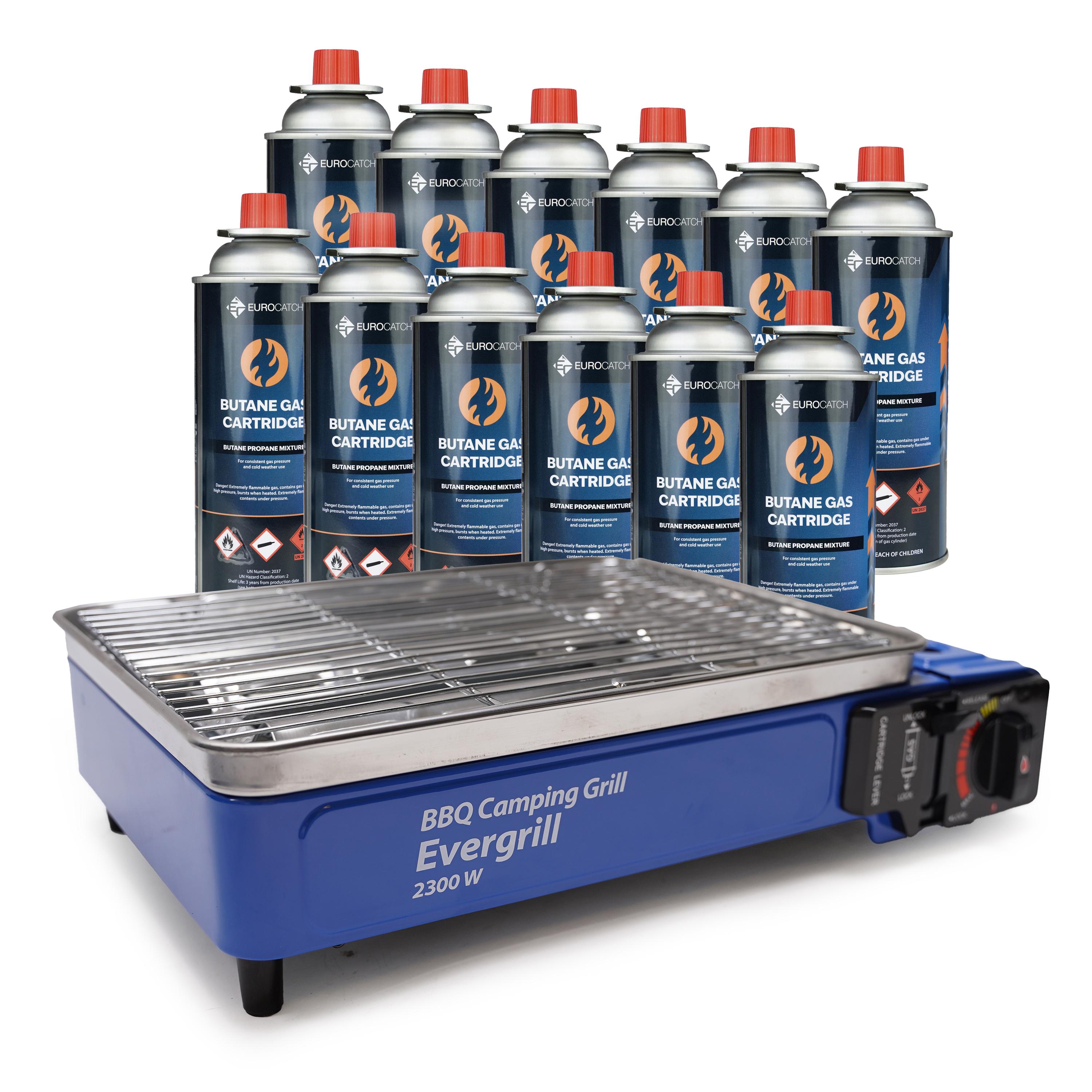 Eurocatch Butaangas Camping Grill Evergrill - Gas Barbecue - Camping Kooktoestel - Tafelgrill - Tafelbarbecue - incl. 12 gasbussen